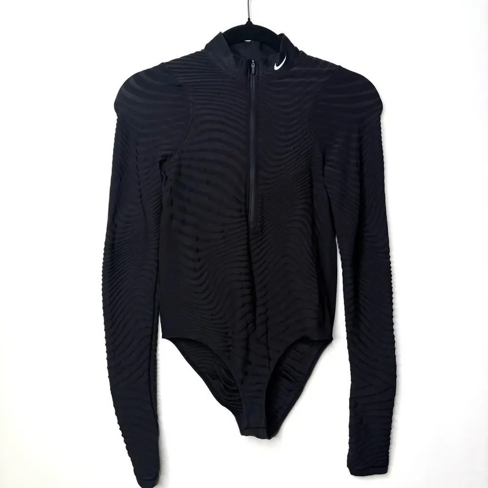 Nike City Ready Black Seamless 1/2 Zip Bodysuit Long Sleeve Mock Neck